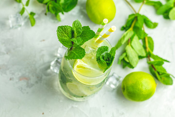 Mojito cocktail with lime and mint in highball glass