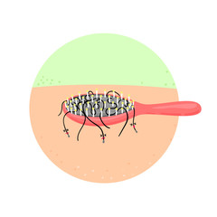 Hair loss. Alopecia. Consequences of improper care. Comb with bunch of fallen hairs. Scalp disease. Hair brush. Can be used to advertise shampoo, medical article, banner, brochure or poster in clinic
