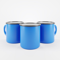 Three blue enamel metal mugs on white background. Blank cup for branding. 3d rendering