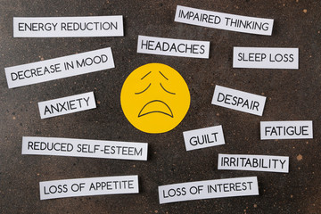 Depression concept. Psychological illness. sad smiley and depression symptoms on dark background....
