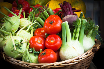 Fresh produce in wicker basket from local farmer's market. Mediterranean diet.