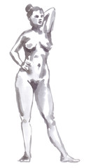 Obraz na płótnie Canvas Traditional figure drawing. Standing female model painted in monochrome. Black and white illustration painted in watercolor on clean white background