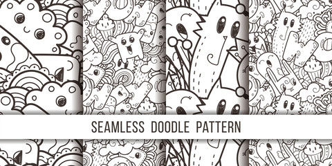 Collection of seamless vector patterns with cute cartoon monsters and beasts. Nice for packaging, wrapping paper, coloring pages, wallpaper, fabric, fashion, home decor, prints etc