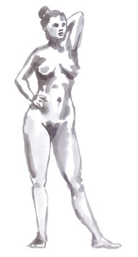 Traditional figure drawing. Standing female model painted in monochrome. Black and white illustration painted in watercolor on clean white background