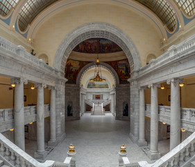 State of Utah Capitol hill complex in Salt Lake City, historic exterior and rotunda dome interior...