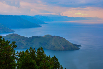 Beautiful Panoramic nature view of lake Toba from Berastagi, Medan, Indonesia.