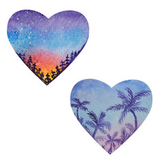 Two heart shapes with a sunrise landscape inside