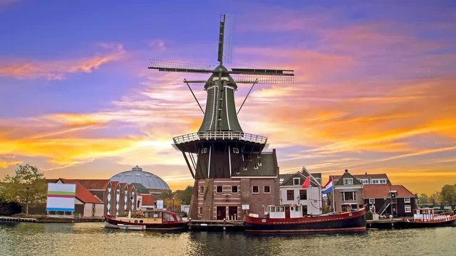 Adriaan windmill in Haarlem Netherlands at sunset