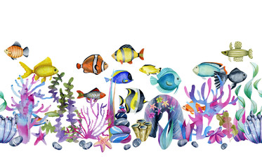 Watercolor oceanic tropical exotic fishes among the corals and sea stones seamless border, hand painted on a white background