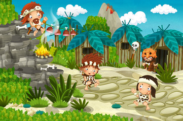 cartoon caveman village scene - stone age - illustration for children