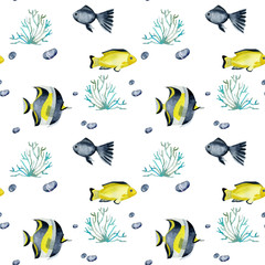 Seamless pattern with watercolor fish surgeon and other oceanic fishes, hand painted on a white background