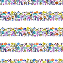 Seamless pattern with watercolor oceanic fishes, corals and seaweeds ornament, hand painted on a white background