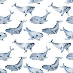 Seamless pattern with watercolor blue whales, hand painted on a white background