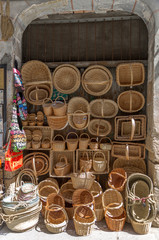 Wicker baskets for sale in an old store