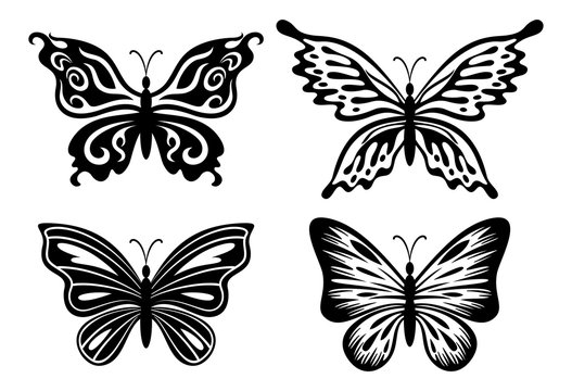 Symbolical Butterflies Pictograms, Black Contours Isolated on White Background. Vector