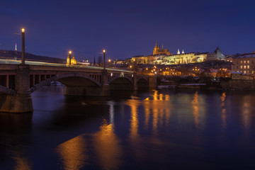 Typical Prague panorama of castle and manes bridge in Czech Republic at night