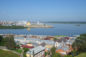 Fototapeta na wymiar Nizhny Novgorod, Russia - August 19, 2018: View of the Arrow - the confluence of the Oka and Volga rivers and Alexander Nevsky Cathedral on a Sunny summer day