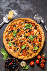 pizza with tomatoes, cheese, mushrooms, olives and spinach on a dark background