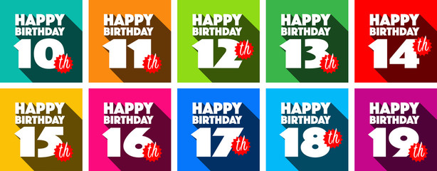 Happy Birthday from 10 to 19 years with long shadow