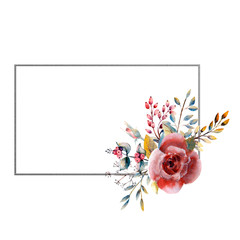 Set of flower branches. Pink rose flower, green leaves, red . Wedding concept with flowers. Floral poster, invitation. Watercolor arrangements for greeting card or invitation design. Horizontal