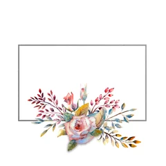 Fotobehang Set of flower branches. Pink rose flower, green leaves, red . Wedding concept with flowers. Floral poster, invitation. Watercolor arrangements for greeting card or invitation design. Horizontal © Natika_art