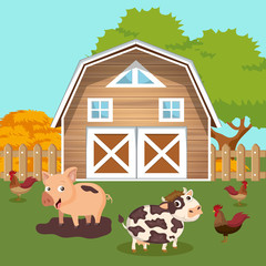 Animals in the farm scene. Nature and country concept. Flat vector illustration