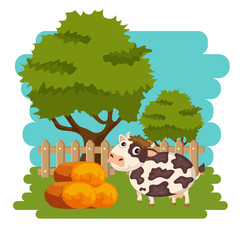 Cows in the farm scene. Concept for nature, country and healthy life and food. Organic food. Flat vector illustration