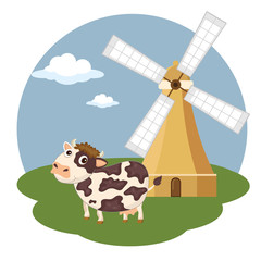 Cows in the farm scene. Concept for nature, country and healthy life and food. Organic food. Flat vector illustration
