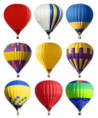 Set of bright colorful hot air balloons on white background