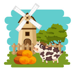 Cows in the farm scene. Concept for nature, country and healthy life and food. Organic food. Flat vector illustration