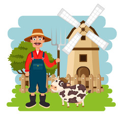 Obraz na płótnie Canvas Farmer in the farm scene. Flat vector illustration