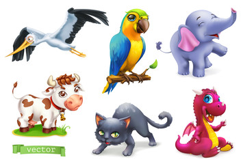 Funny animals. 3d vector icon set. Stork, parrot, elephant, cow, cat, dragon