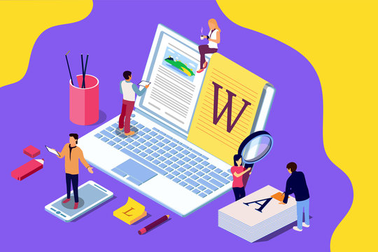 Isometric concept creative writing or blogging, education and content management for web page, banner, social media, documents, cards, posters. Illustration for news, copywriting, seminars,