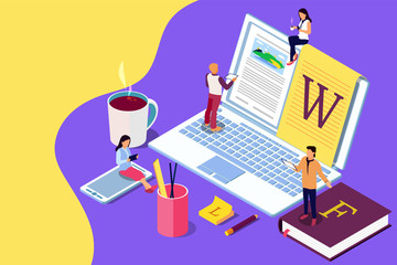 Isometric concept creative writing or blogging, education and content management for web page, banner, social media, documents, cards, posters. Illustration for news, copywriting, seminars