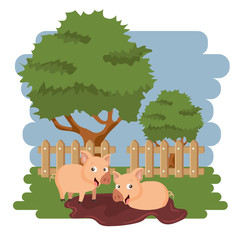 Pigs in the farm scene. Concept for animal farm. Flat vector illustration
