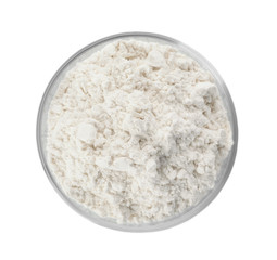 Fototapeta na wymiar Bowl of flour isolated on white, top view