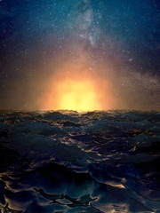 Fototapeta na wymiar 3d illustration of a dramatic sunset over the wavy surface of the ocean