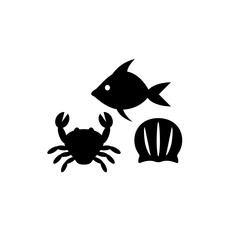 Seafood black silhouette icon set. Sea food, fish, crab and seashell simple vector icons.