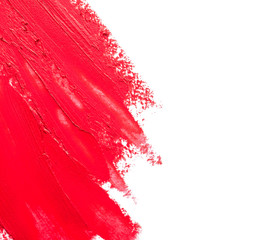 Red lipstick smears on white background, top view. Space for text