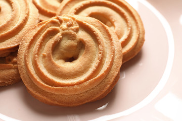 Plate with Danish butter cookies, closeup view