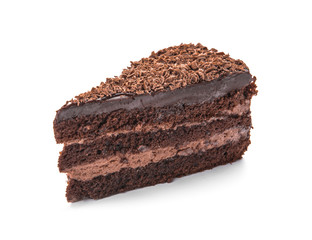 Piece of tasty chocolate cake on white background