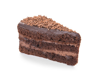 Piece of tasty chocolate cake on white background