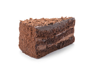 Piece of tasty chocolate cake on white background