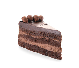 Piece of tasty chocolate cake on white background