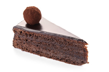 Piece of tasty chocolate cake on white background