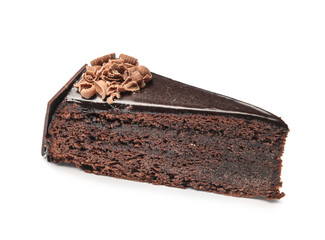 Piece of tasty chocolate cake on white background