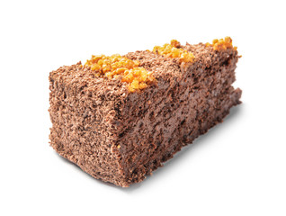 Piece of tasty chocolate cake on white background