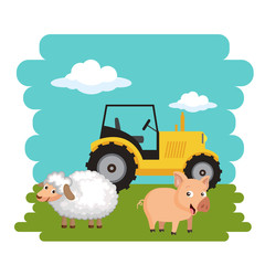 Animals in the farm scene. Nature and country concept. Flat vector illustration
