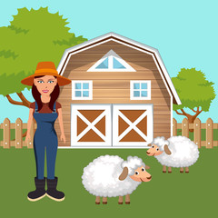 Farmer in the farm scene. Flat vector illustration