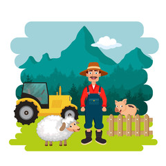 Farmer in the farm scene. Flat vector illustration